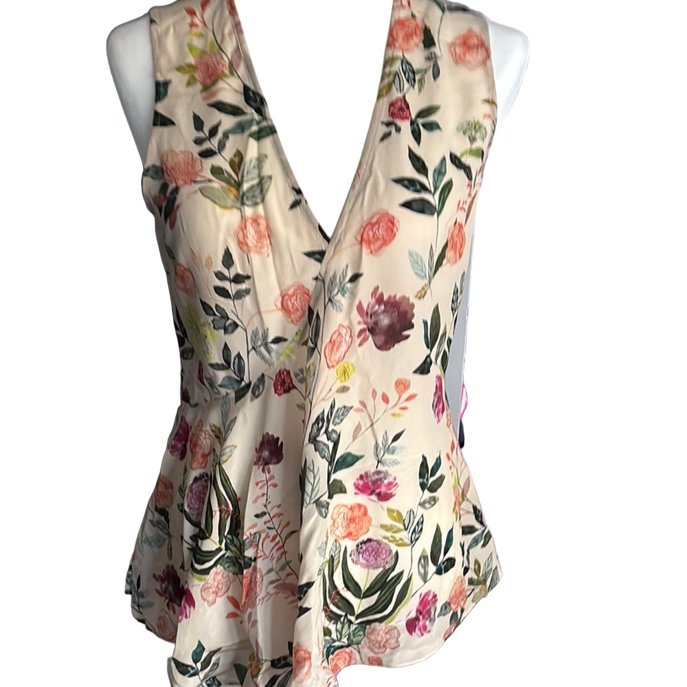 Theory Cream and Pink Floral Wrap Sleeveless Blouse 100% Silk